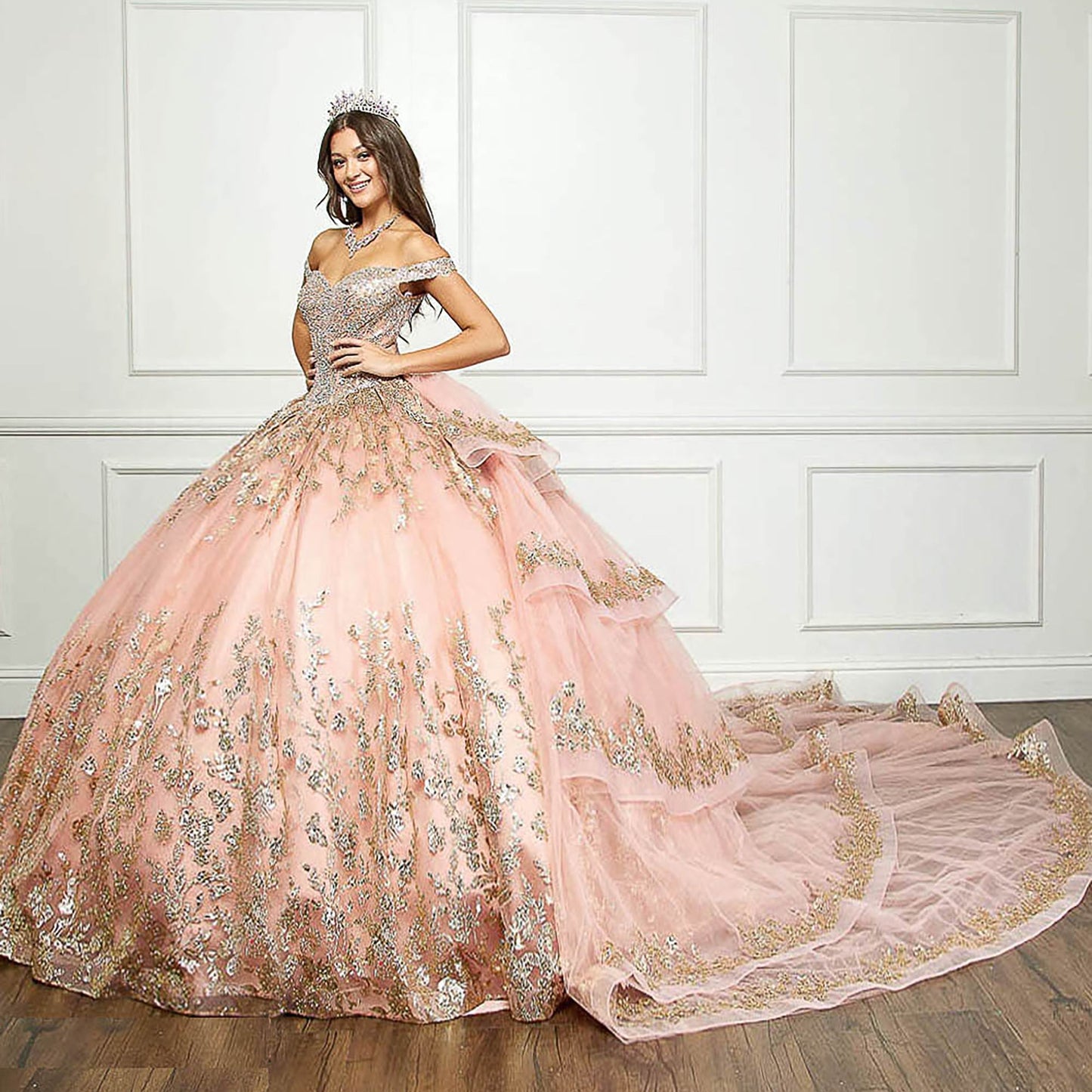 Rose Gold Detachable Train With Stones and Gems See-through Bodice Quince Ball Gown side view