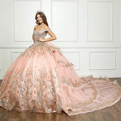 Rose Gold Detachable Train With Stones and Gems See-through Bodice Quince Ball Gown side view