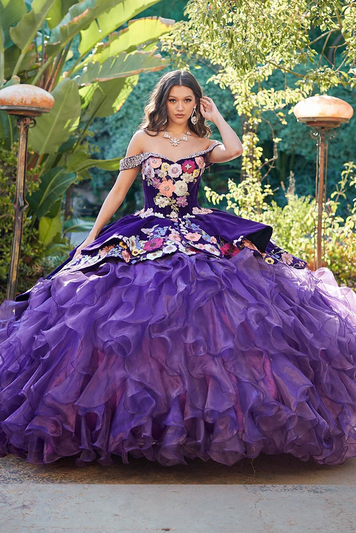 Quinceañera | Purple Charro Multi Colored Gem detail Floral Velvet with Organza Ruffled overlays Ballgown | Ainara dress front