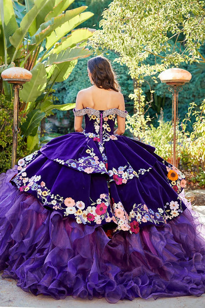 Quinceañera | Purple Charro Multi Colored Gem detail Floral Velvet with Organza Ruffled overlays Ballgown | Ainara dress back view