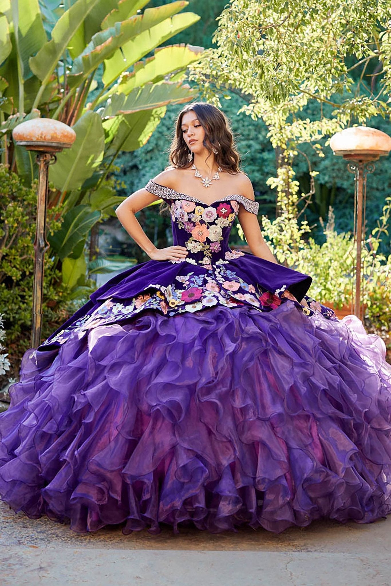 Quinceañera | Purple Charro Multi Colored Gem detail Floral Velvet with Organza Ruffled overlays Ballgown | Ainara dress front with necklace