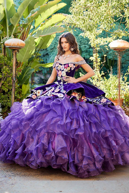Quinceañera | Purple Charro Multi Colored Gem detail Floral Velvet with Organza Ruffled overlays Ballgown | Ainara dress side view