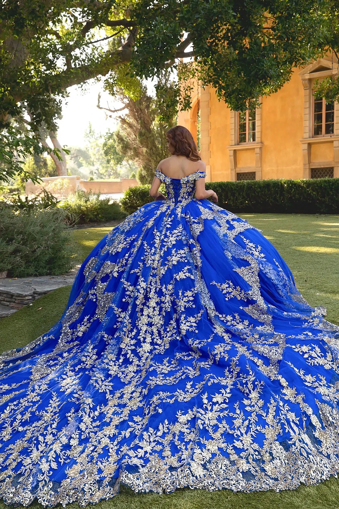 Blue Gold Quinceañera Dress with Off-Shoulder Train XS / Blue