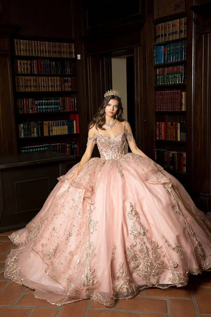 A girl in a rose gold quinceanera ball gown with intricate details standing in a room with bookshelves.
