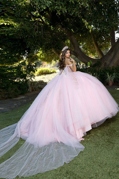 A woman wearing a blush ballgown and showing her back side of the dress that has long detachable glitter cape.
