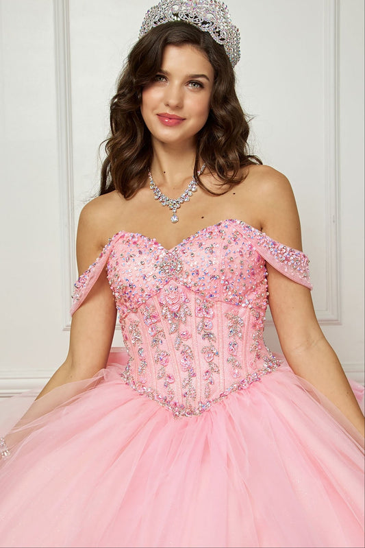 Quinceañera | Pink Glittering Tulle Layers, Off-shoulder Bodice adornments, and a detachable bow | 3 Colors Available | Andrea dress front zoom
