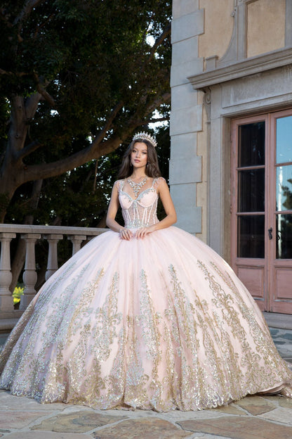 Embroidered Bodice Gems, Rhinestones Sweetheart Neckline with Detachable Long Sleeves and Gold Glitter Details Quince Ballgown front view