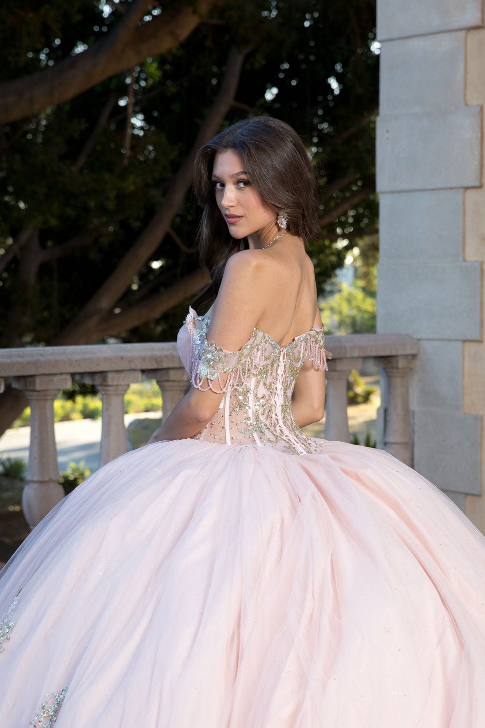 Embroidered Bodice Gems, Rhinestones Sweetheart Neckline with Detachable Long Sleeves and Gold Glitter Details Quince Ballgown back zoom
