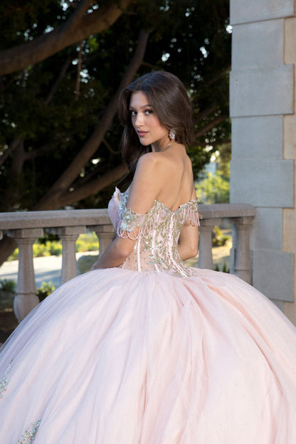 Embroidered Bodice Gems, Rhinestones Sweetheart Neckline with Detachable Long Sleeves and Gold Glitter Details Quince Ballgown back zoom