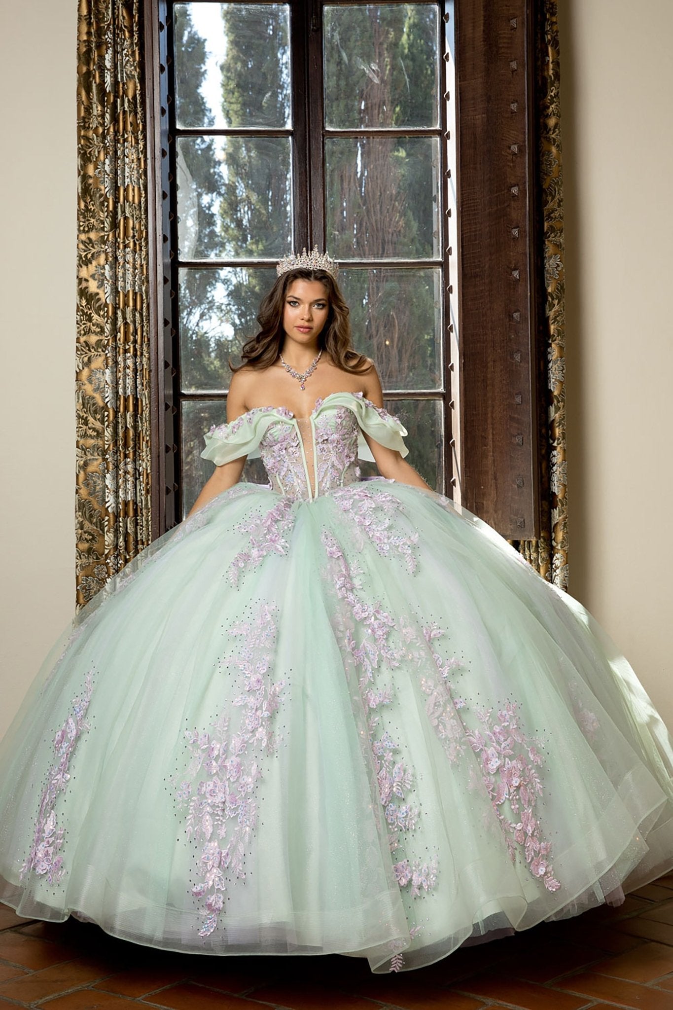 Quinceanera | Sage/Lilac See-through 3D Flowers, Embroidery, Bead bodice and Glitter Tulle Ballgown | Fernanda dress | 2 Colors Available