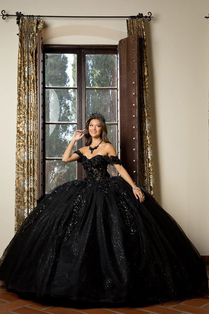 Quinceañera | Black Detachable Sleeve 3D Flowers and Glitter Quince Ballgown | Esperanza dress front view