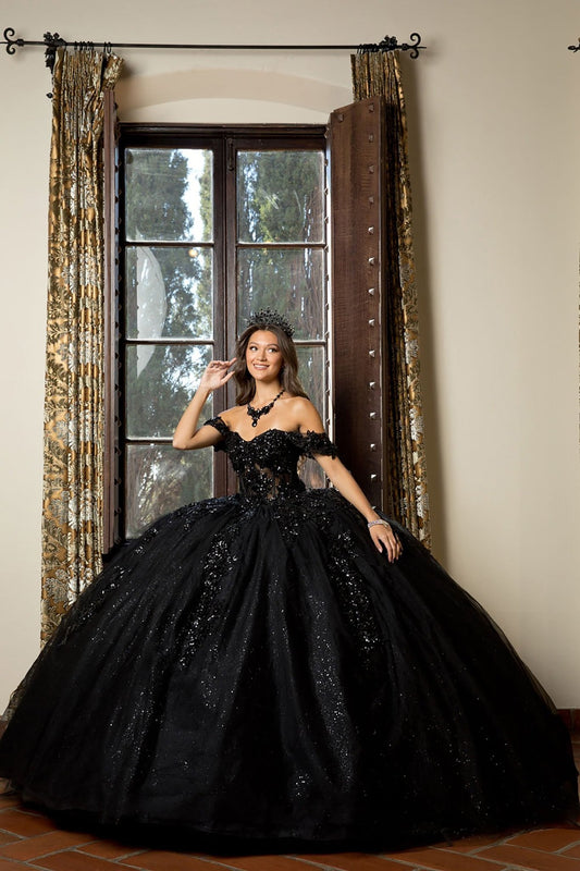 Quinceañera | Black Detachable Sleeve 3D Flowers and Glitter Quince Ballgown | Esperanza dress front view