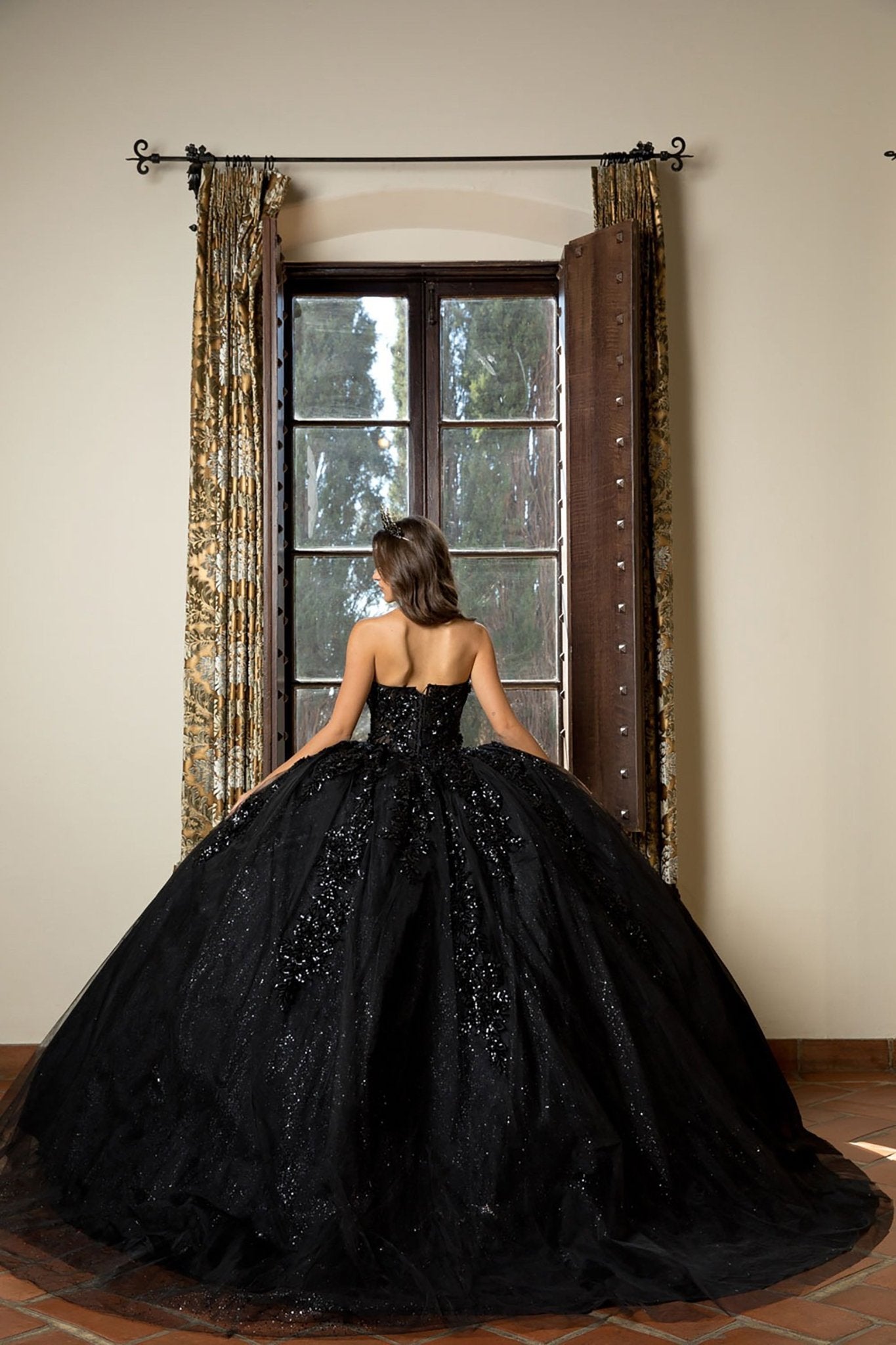 Quinceañera | Black Detachable Sleeve 3D Flowers and Glitter Quince Ballgown | Esperanza dress back