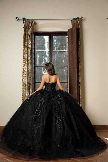 Quinceañera | Black Detachable Sleeve 3D Flowers and Glitter Quince Ballgown | Esperanza dress back
