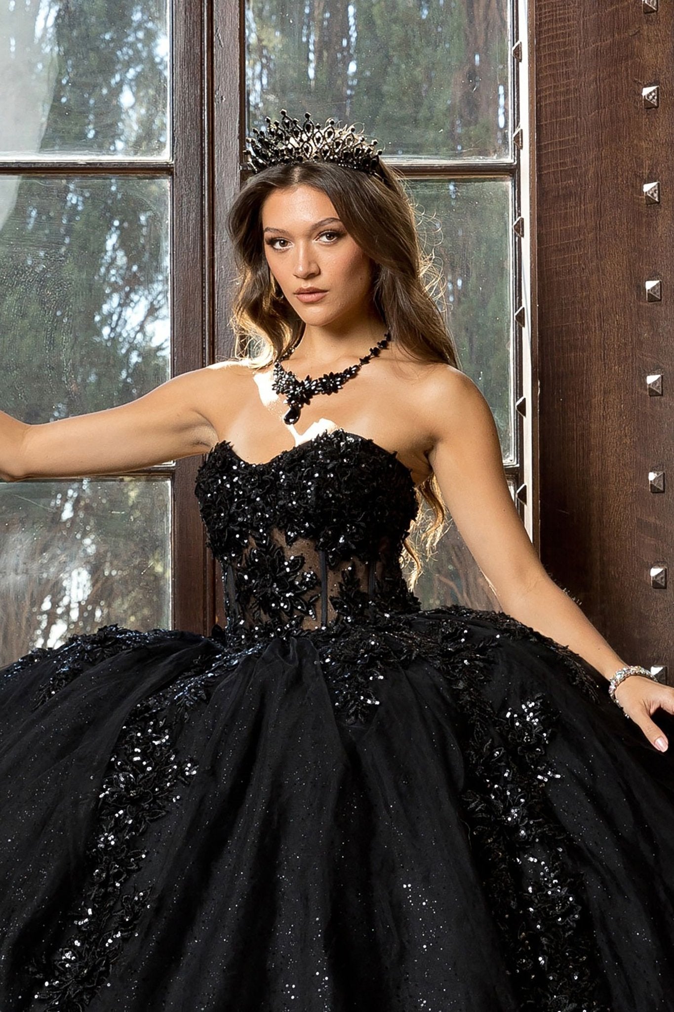 Quinceañera | Black Detachable Sleeve 3D Flowers and Glitter Quince Ballgown | Esperanza dress with no sleeves zoom view