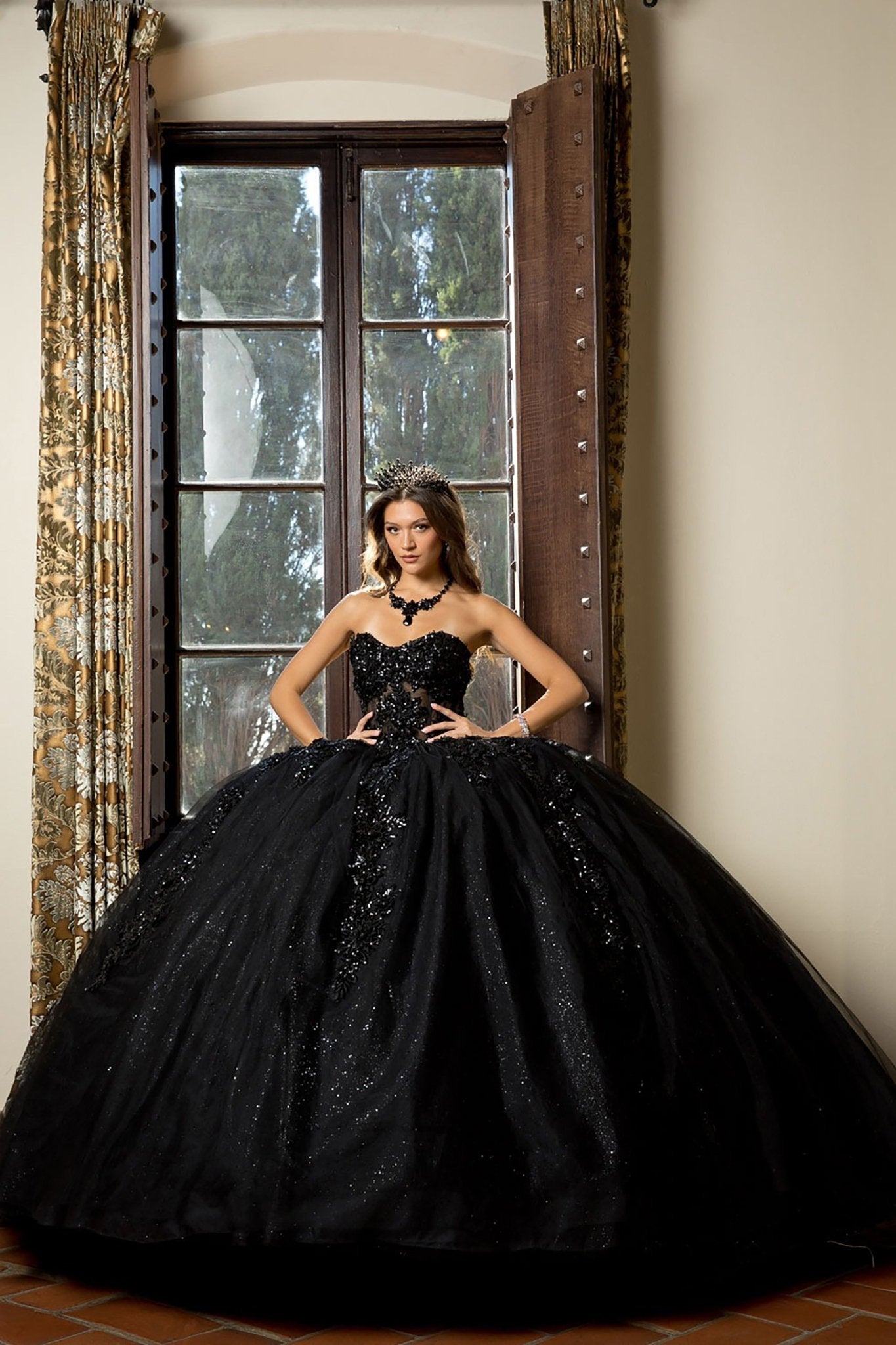 Quinceañera | Black Detachable Sleeve 3D Flowers and Glitter Quince Ballgown | Esperanza dress without sleeves
