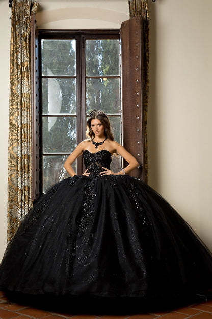 Quinceañera | Black Detachable Sleeve 3D Flowers and Glitter Quince Ballgown | Esperanza dress without sleeves