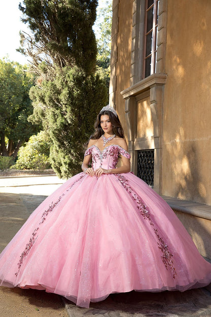 a girl wearing a dusty Rose 3D Floral Appliqué Off-Shoulder Dress with Detachable Bow