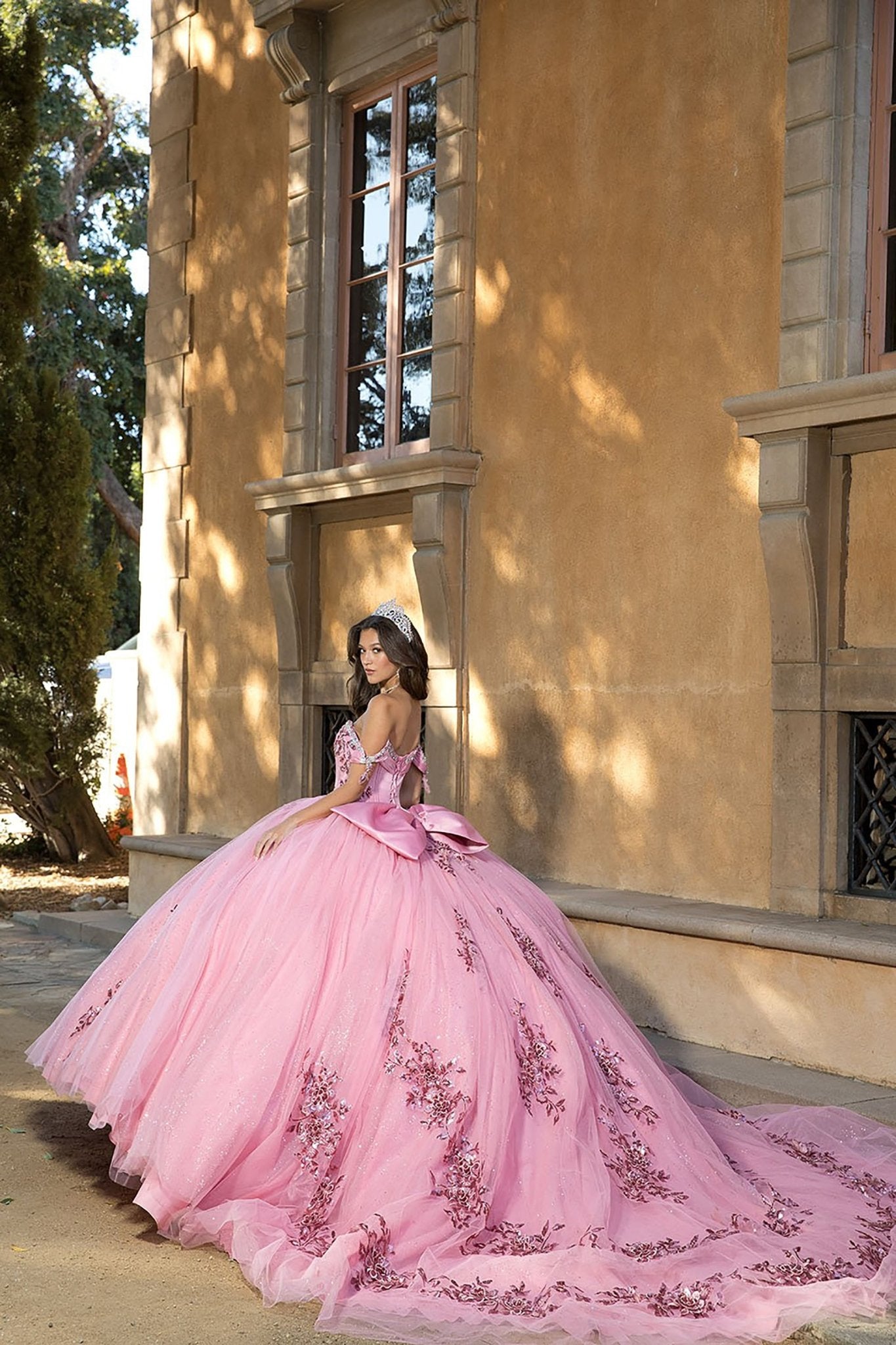 a girl showing her dusty rose ball gown and looking back to the camera