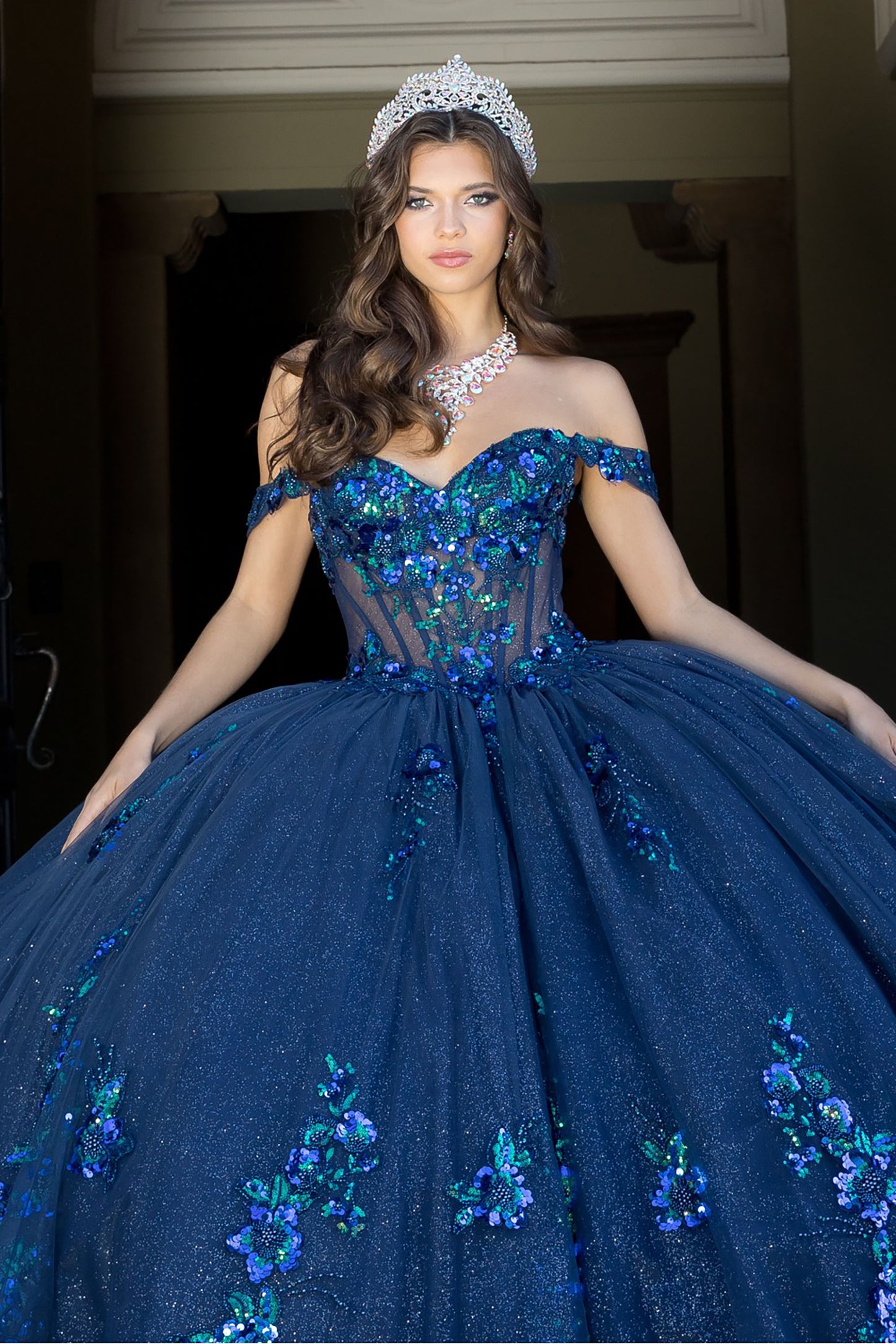 Quinceañera | Navy Green Floral Sequin Elegance Sweet 15 Dress | Rosalita dress front view