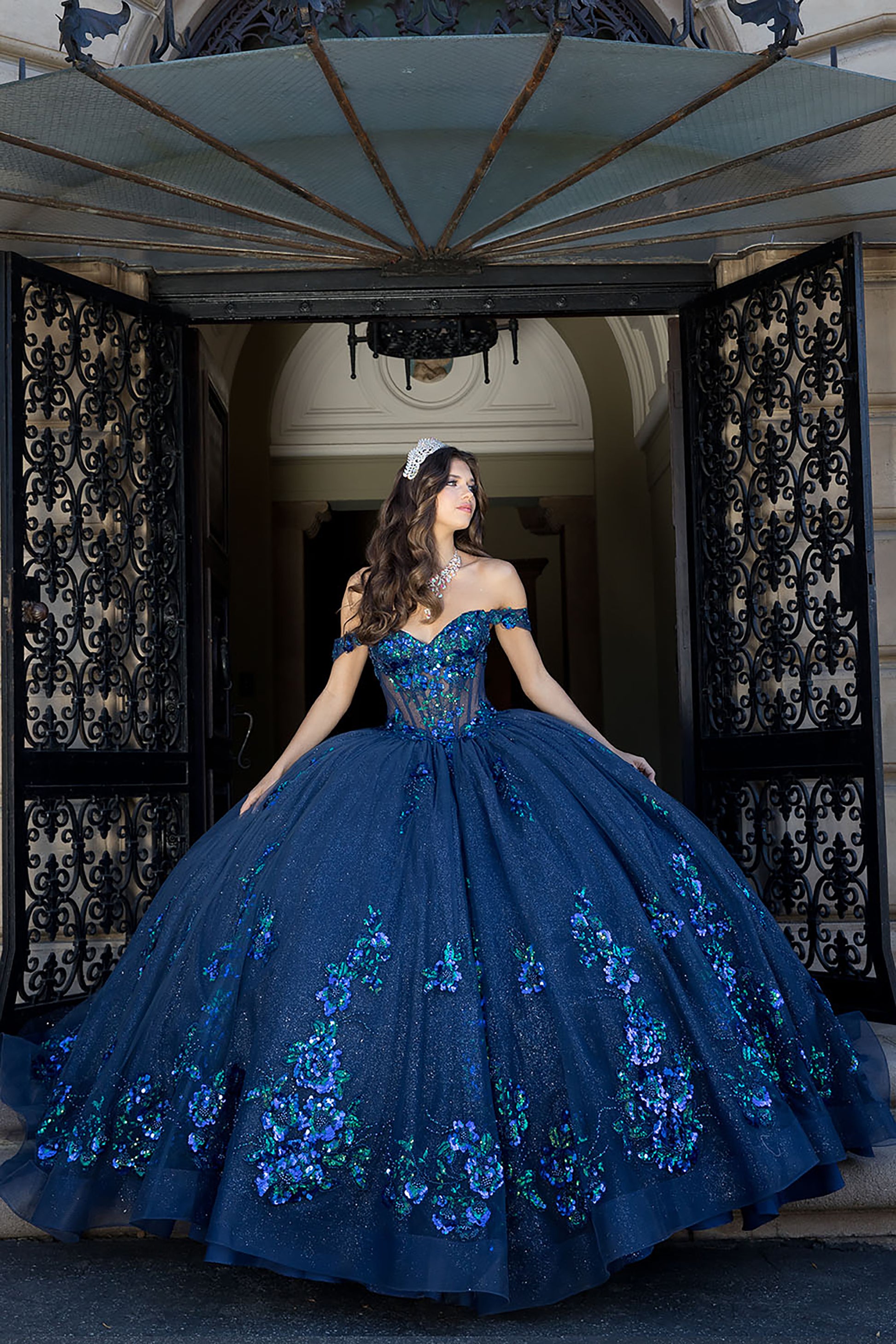 Quinceañera | Navy Green Floral Sequin Elegance Sweet 15 Dress | Rosalita dress front whole view