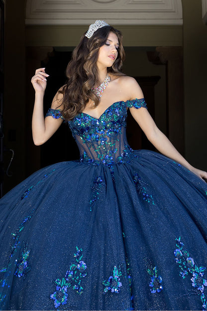 Quinceañera | Navy Green Floral Sequin Elegance Sweet 15 Dress | Rosalita dress front zoom