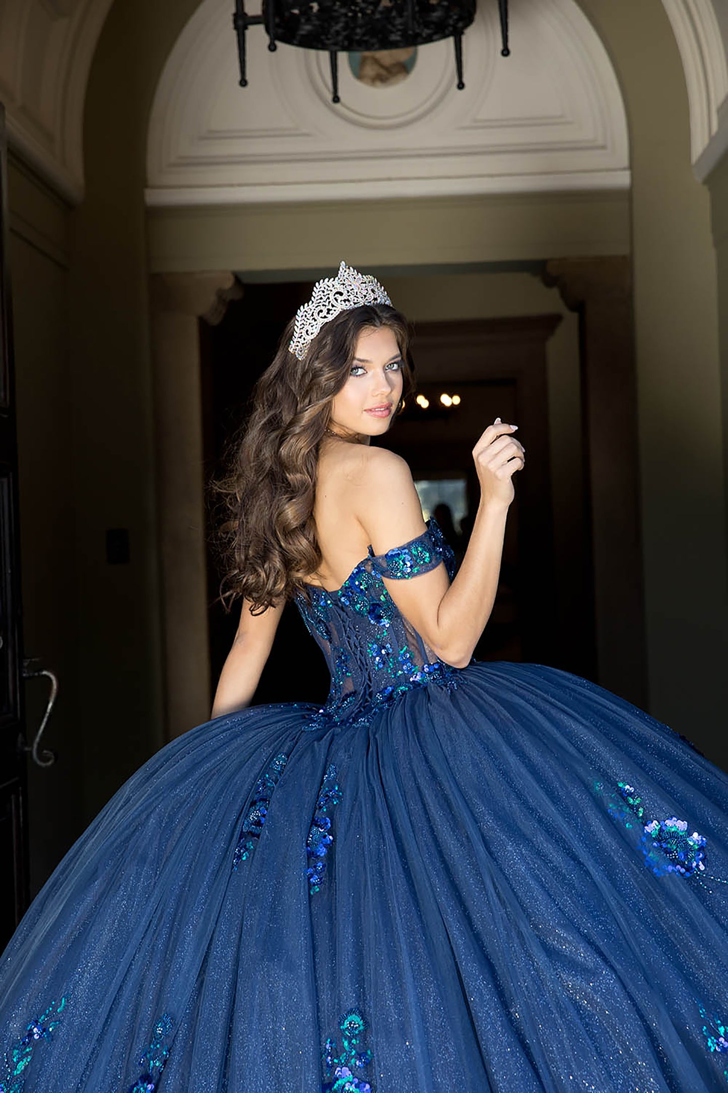 Quinceañera | Navy Green Floral Sequin Elegance Sweet 15 Dress | Rosalita dress back zoom