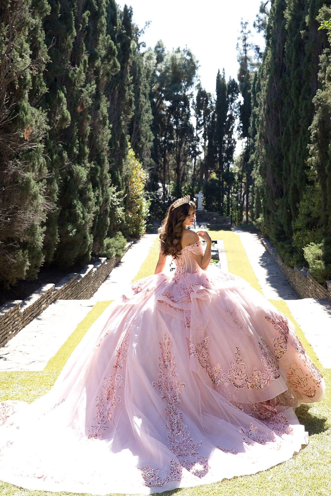 Quinceanera | Blush and Rose Gold Glitter Tulle Dress with Sequin Embroidery | Vida dress back view