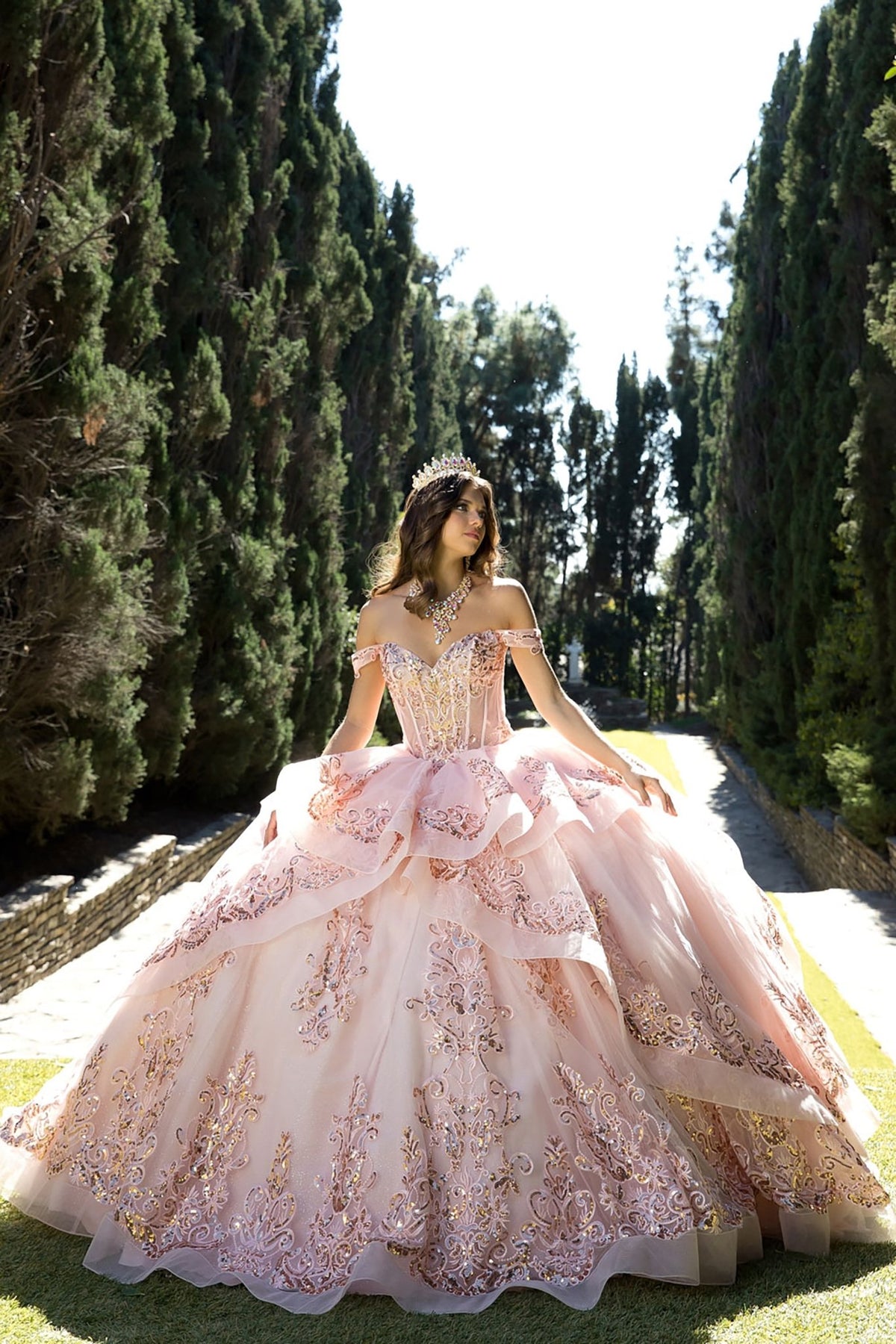 pink glitter quince dress Blush Rose Gold Quinceañera with Embroidery 3XL / Blush so you can celebrate Size:US Size 4 Category_Petite Bridesmaid Dresses Alex Evenings Jacquard One