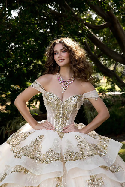 Closet upmodel in glitter tulle ball gown with lace-up corset and gold embroidery in outdoor garden.