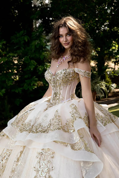 Sophisticating posing in ivory off-shoulder gown with sheer corset bodice and layered embroidered tulle skirt.