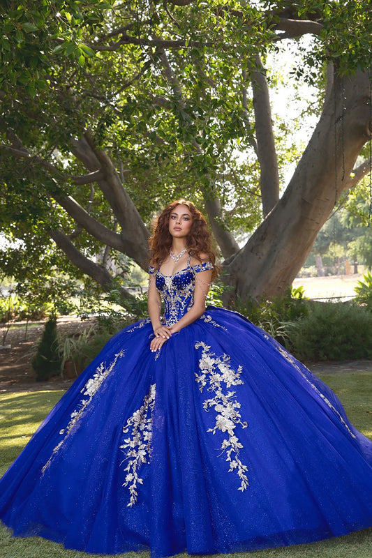 Woman in a blue ball gown with floral embroidery standing outdoors among trees.