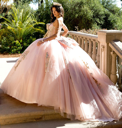 Quinceanera | Blush Gem-adorned Halter Strap Ball Gown with Detachable Bow | Yolaiza dress side view