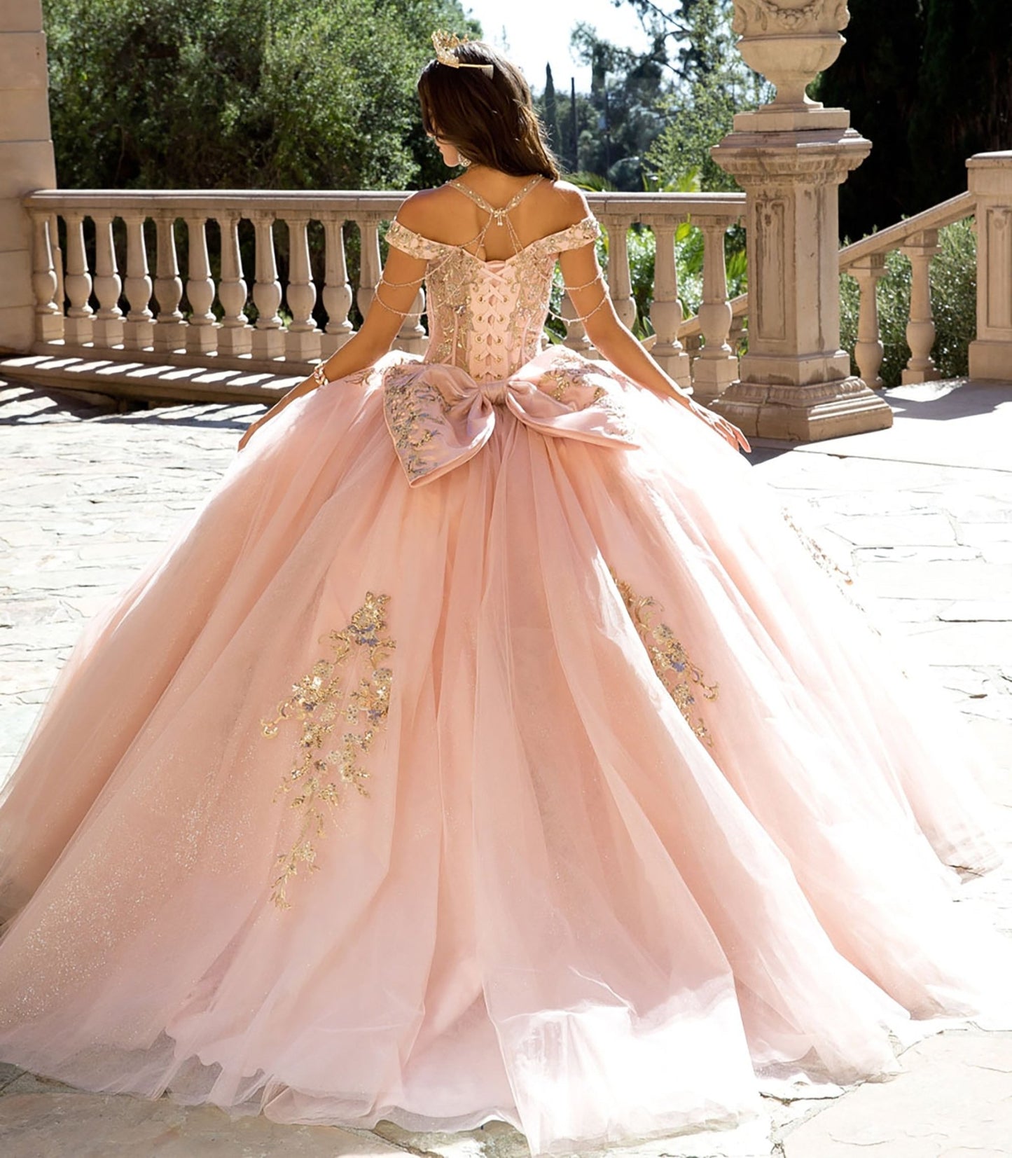 Quinceanera | Blush Gem-adorned Halter Strap Ball Gown with Detachable Bow | Yolaiza dress back view