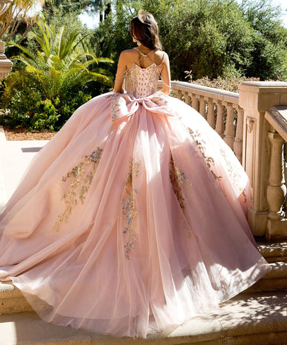 Quinceanera | Blush Gem-adorned Halter Strap Ball Gown with Detachable Bow | Yolaiza dress back with halter necklace