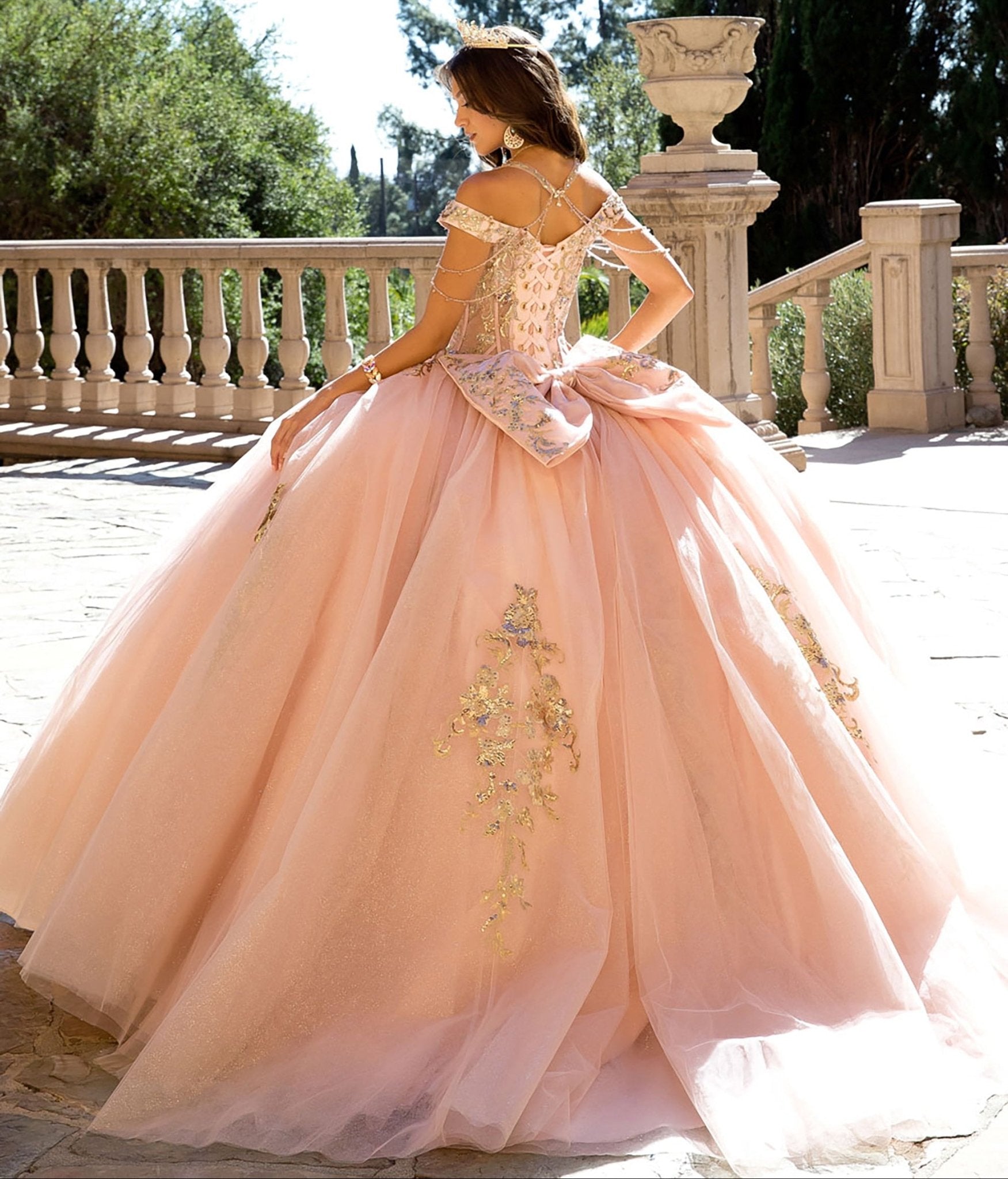 Quinceanera | Blush Gem-adorned Halter Strap Ball Gown with Detachable Bow | Yolaiza dress back side