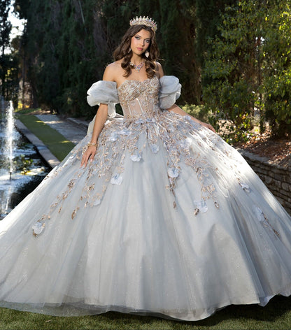 Quinceanera | Gray and Gold Ball Gown with Detachable Big Bow | Yaritza dress front view