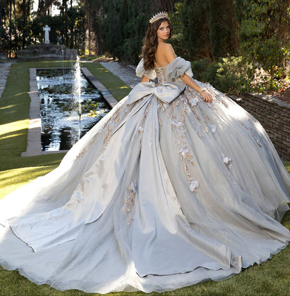 Quinceanera | Gray and Gold Ball Gown with Detachable Big Bow | Yaritza dress whole back view