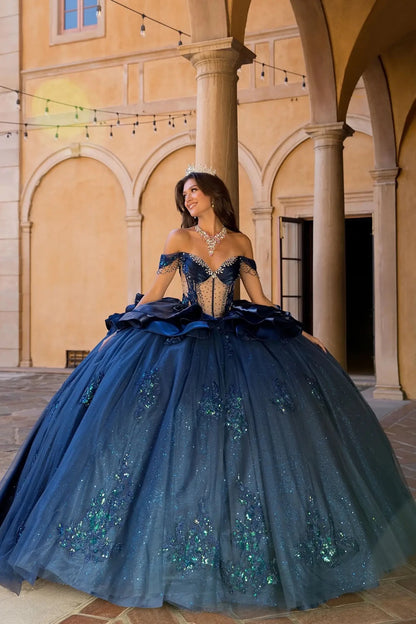 navy quinceanera ball gown with 3d floral embroidery and ruffled overlays