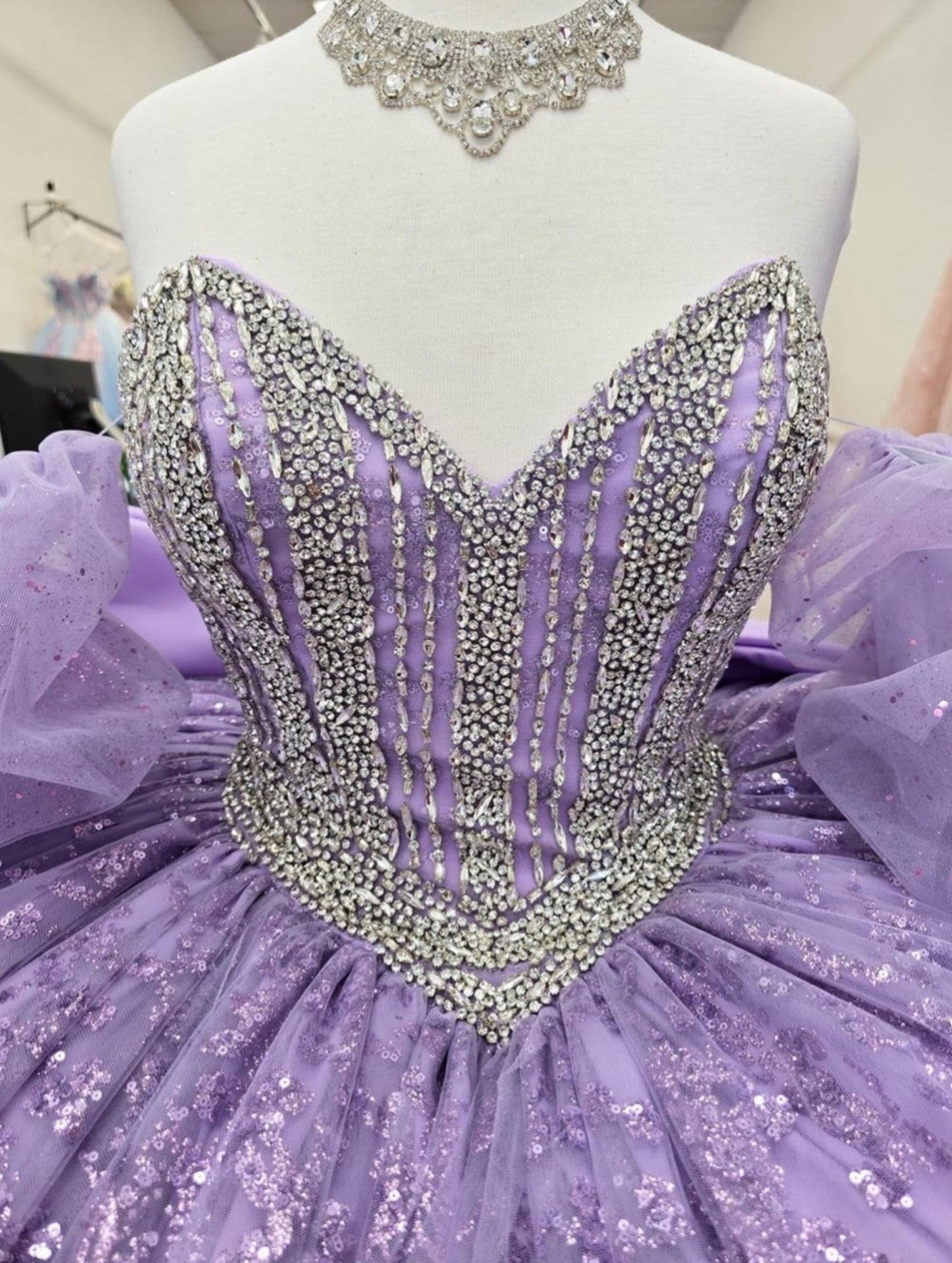 Quinceanera | Lilac Glitter Tulle Gown with Removable Bow and Cathedral Train | Anais dress FRONT ZOOM