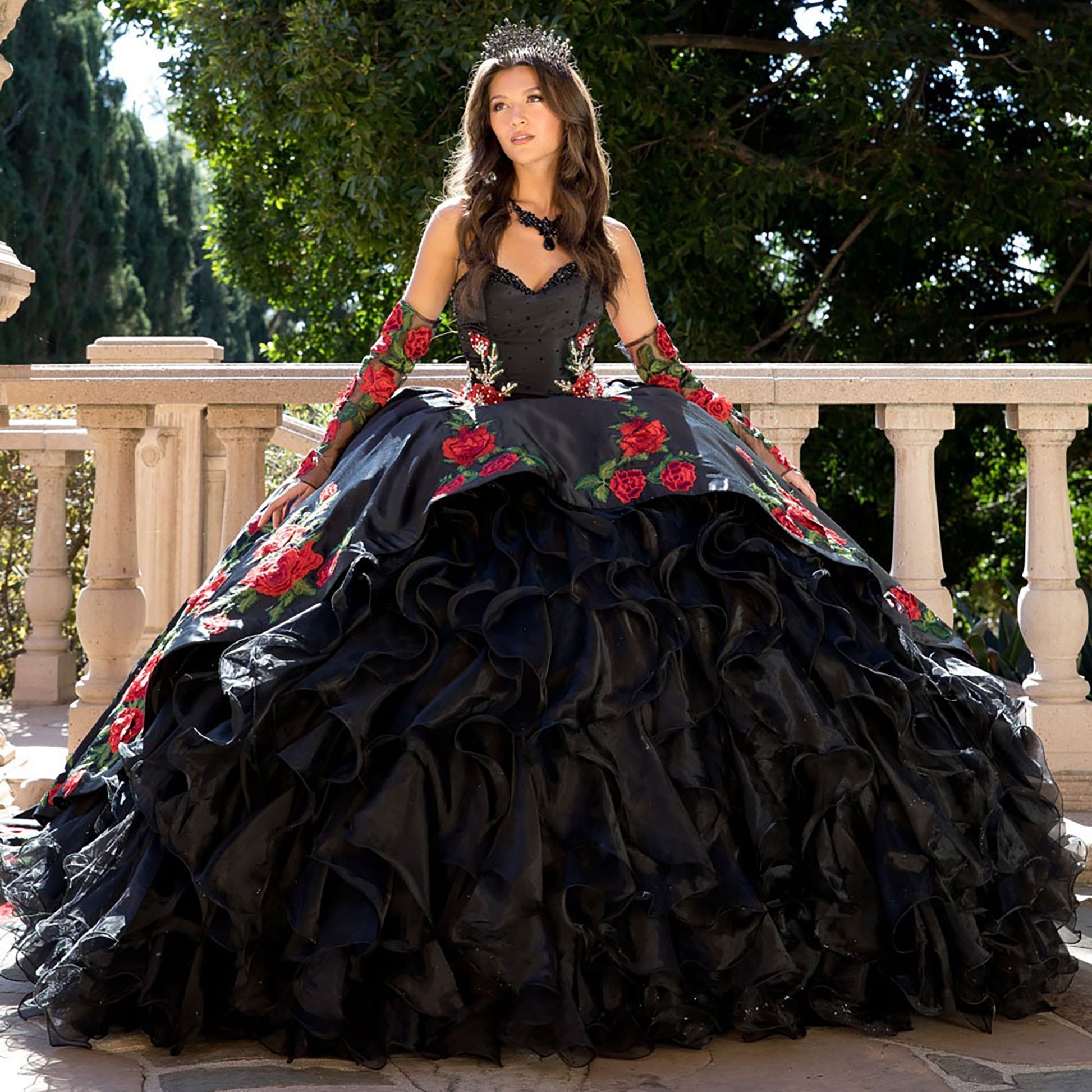 Quinceañera | Black Charro Organza Ruffled overlays Ballgown | Janelle dress FRONT VIEW