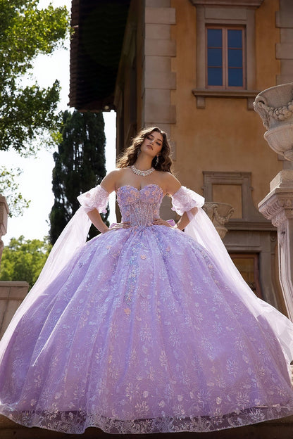 Quinceañera | Lilac Multi-Color 3D Floral Ball Gown with Drape Wings Sleeves and Sweep Train | Arely dress whole view