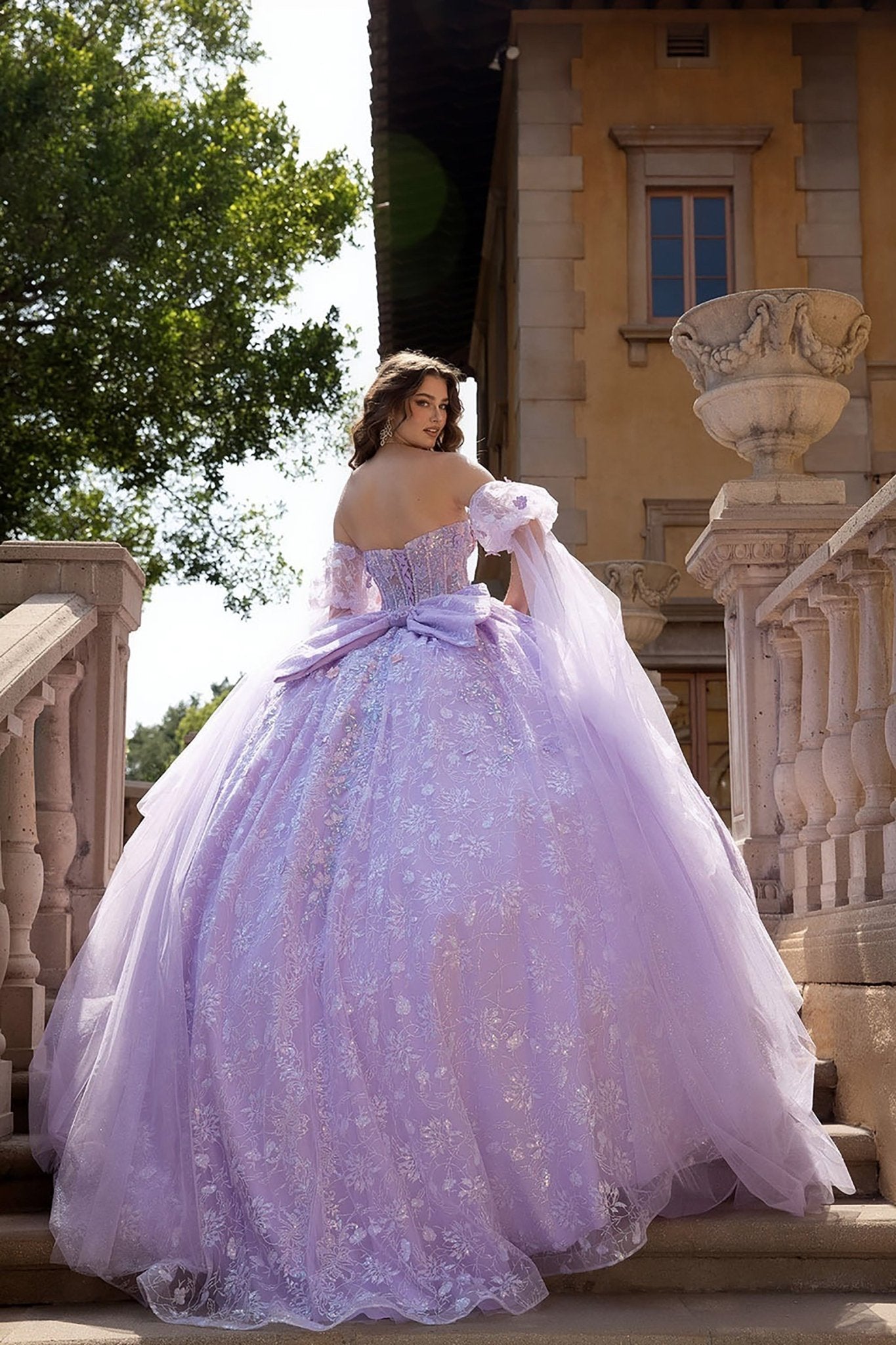 Quinceañera | Lilac Multi-Color 3D Floral Ball Gown with Drape Wings Sleeves and Sweep Train | Arely dress back view