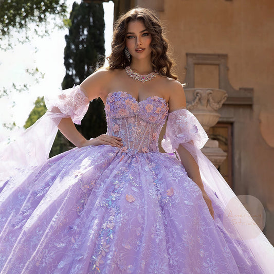 Quinceañera | Lilac Multi-Color 3D Floral Ball Gown with Drape Wings Sleeves and Sweep Train | Arely dress detail view