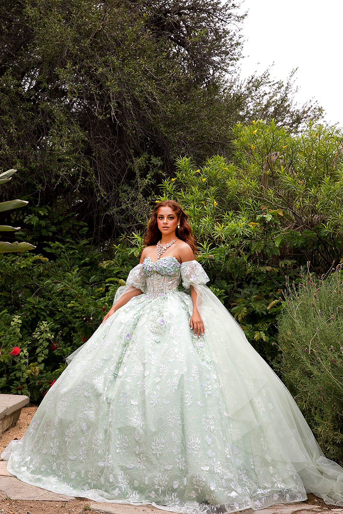 Quinceañera | Sage Multi-Color 3D Floral Ball Gown with Drape Wings Sleeves and Sweep Train | Arely dress front whole view