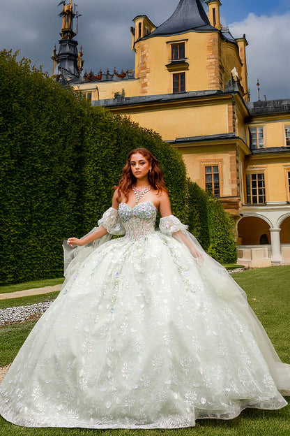 Quinceañera | Sage Multi-Color 3D Floral Ball Gown with Drape Wings Sleeves and Sweep Train | Arely dress front with castle