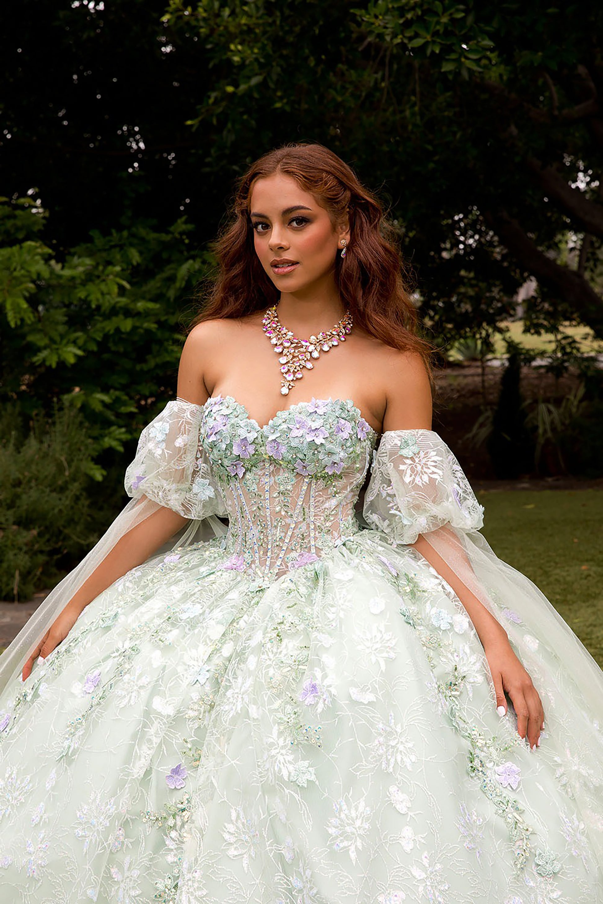 Quinceañera | Sage Multi-Color 3D Floral Ball Gown with Drape Wings Sleeves and Sweep Train | Arely dress front with necklace girl