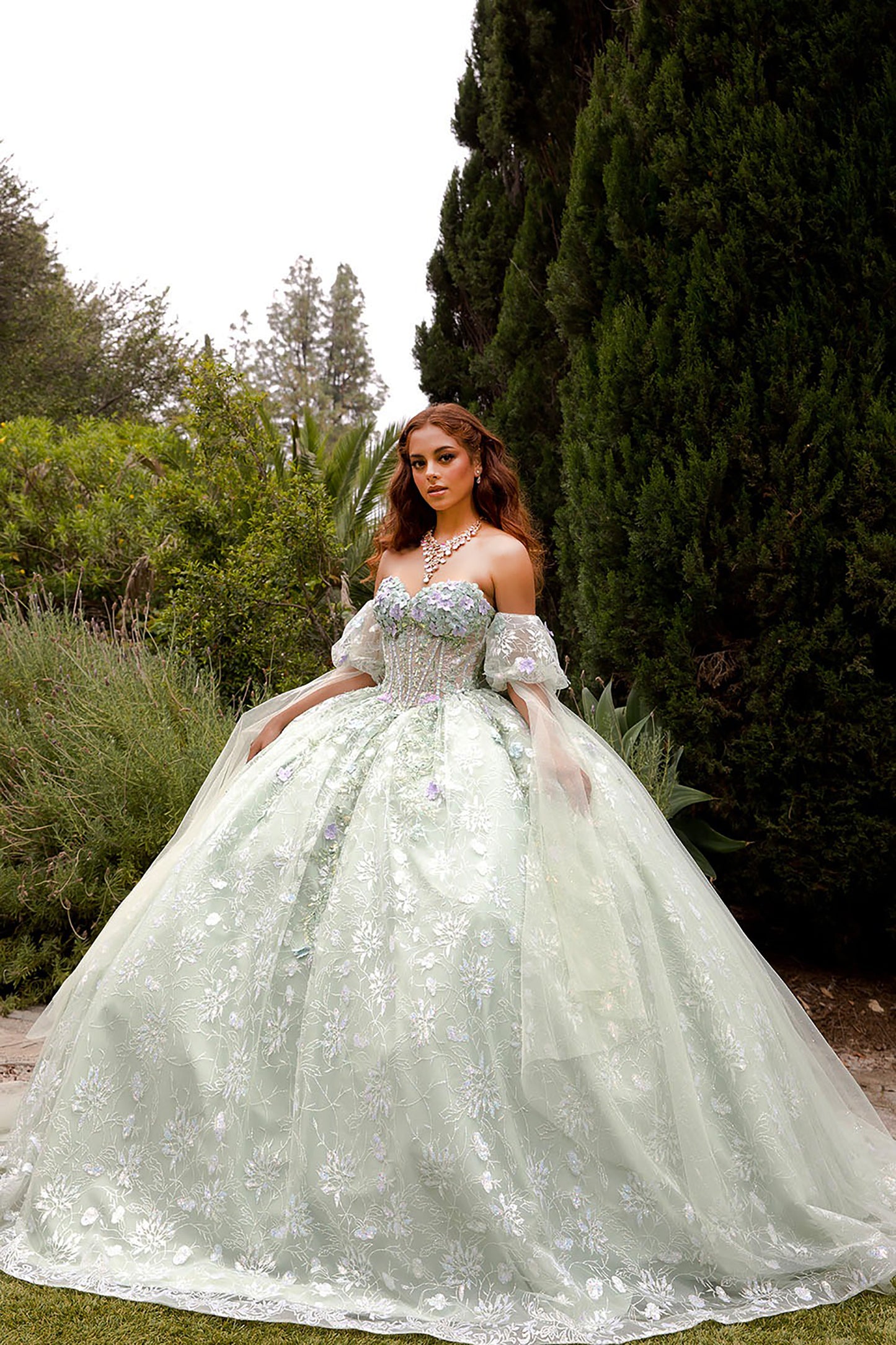 Quinceañera | Sage Multi-Color 3D Floral Ball Gown with Drape Wings Sleeves and Sweep Train | Arely dress side view