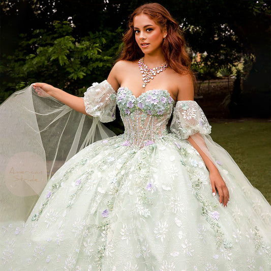 Quinceañera | Sage Multi-Color 3D Floral Ball Gown with Drape Wings Sleeves and Sweep Train | Arely dress front zoom