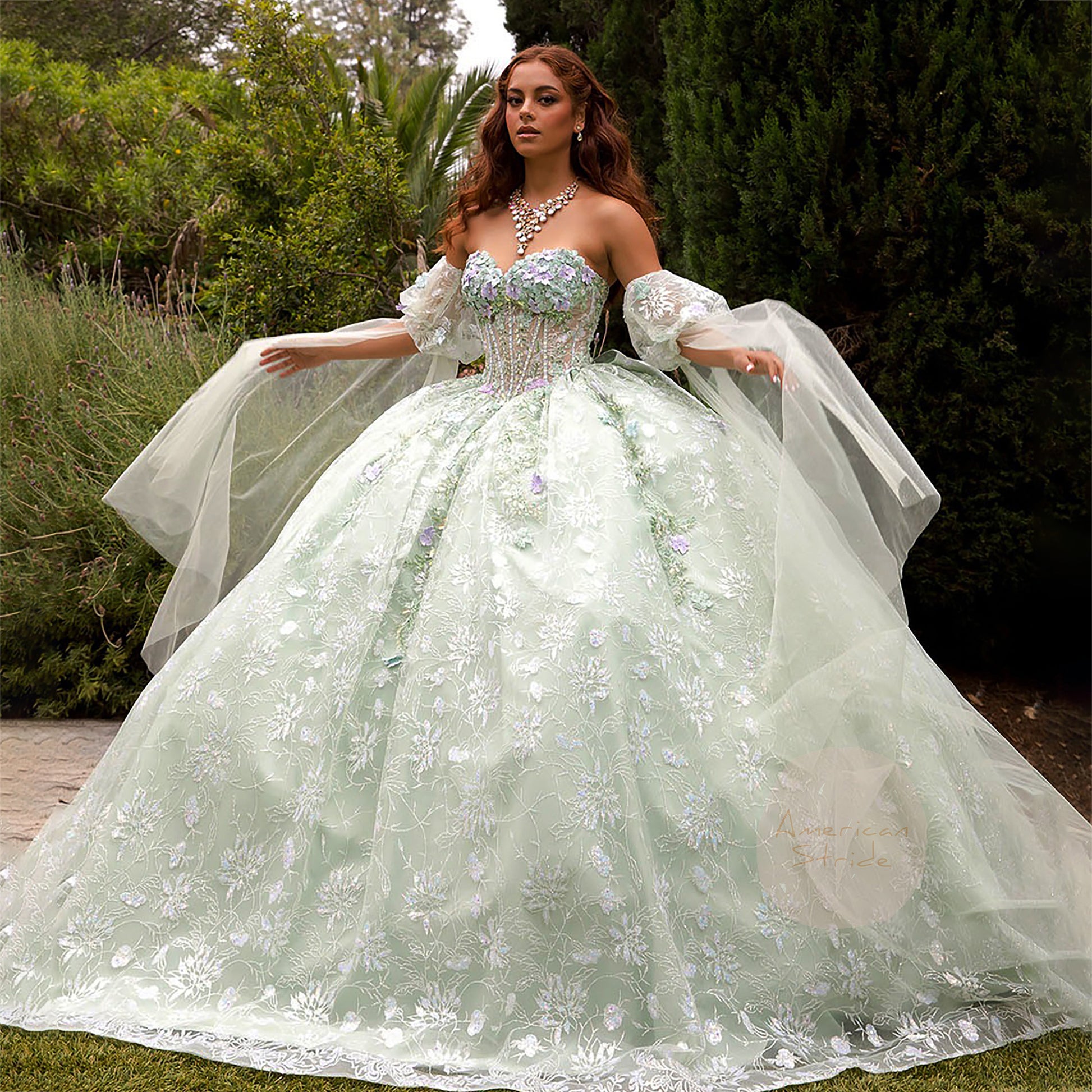 Quinceañera | Sage Multi-Color 3D Floral Ball Gown with Drape Wings Sleeves and Sweep Train | Arely dress
